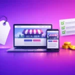 Laptop i telefon ze stroną firmową, metka z ceną, lista kontrolna i monety